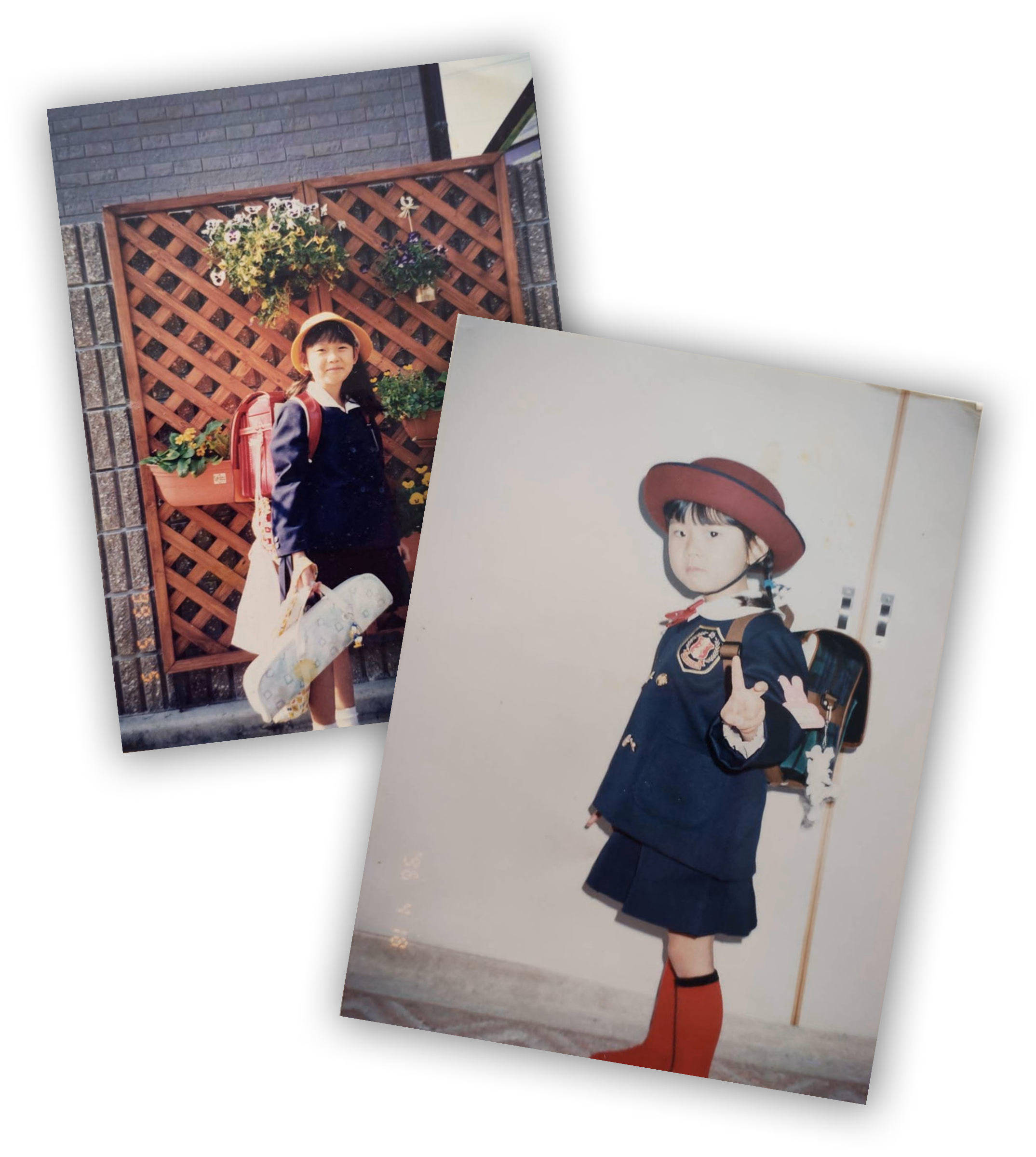 Risu as a young child, wearing a school backpack on her way to school in Japan